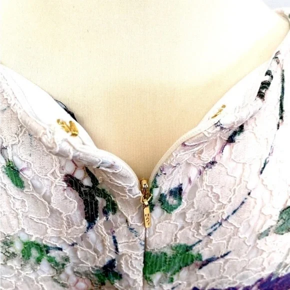 DKNY Floral Print Lace V Neck Cocktail Dress Purple Blush Green & Cream Sz 12 - Picture 3 of 5